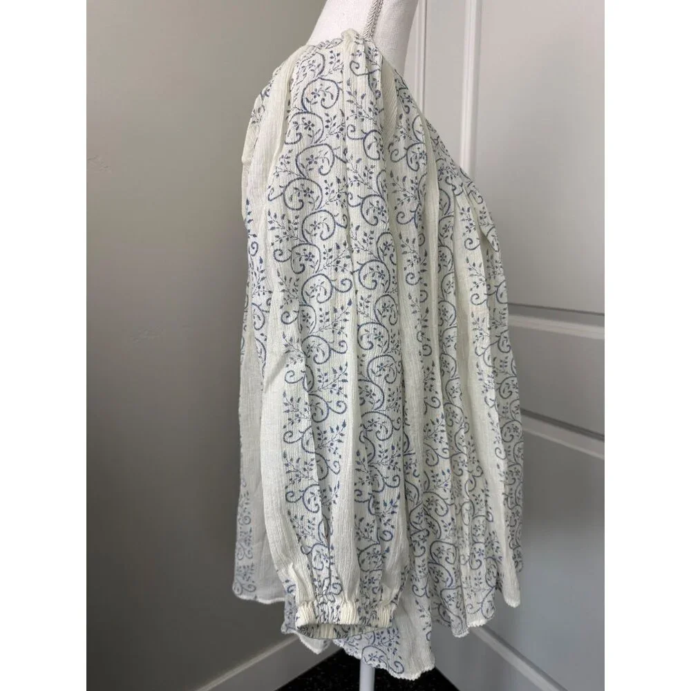 True Religion Womens Boho Top S Blue & White Trellis Print With Princess Seams - Picture 5 of 16